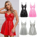 DE iEFiEL Damen Lackleder Kleider Sexy Gothic A-Linie Kleid Dessous Minikleid