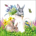 4 Servietten Kaninchen Hase in Kanne Blumen Klee Ambiente young rabbits Ostern