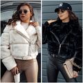 Damen Pelzjacke Imitat Winterjacke mit Fell Wärmejacke Kragen DSTREET S M L XL