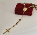 Halskette Rosenkranz Edelstahl Jesus Kreuz Anhänger Kautschuk 24K Gold vergoldet