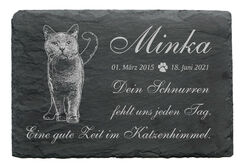 Tiergrabstein Katze Schiefer Gedenktafel Gravur Grabplatte + Wunschname 22x16cm 