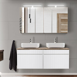 Badmöbel Set weiß matt Eiche Doppelwaschtisch Aufsatzwaschbecken Spiegelschrank