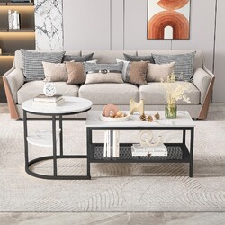 2er Set Couchtisch Rund/Rechteckig Sofatisch Beistelltisch mit Metallgestell New