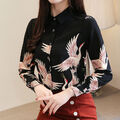  Japanischer Stil Damen Kran Druck langärmelig schwarz Shirt Oberteil schwarz Bluse