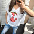 V-Neck T-Shirt weiß mit rosa comic Motiv Glitzer Details onesize bis 42
