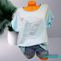 Oversized Italy Damen Shirt 3D Waschung Frontdruck LA Türkis Blau  38 40 42 NEU