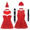 Frauen Weihnachten Santa Tanzbekleidung Fancy Kleid 4-teilig Kostüme Ärmellos