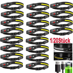 1/20x LED Sensor Stirnlampe Scheinwerfer Kopflampe COB USB Wiederaufladbar Licht