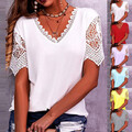 Damen Spitze Kurzarm T-Shirt Oberteile V-Neck Sommer Top Freizeit Shirt Bluse DE