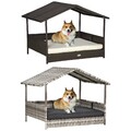 Rattan Hundehaus Hundebett mit Kissen Hausform Outdoor Hundehütte Stahlrahmen PP