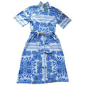 H&M Midi Blusenkleid Leinenmix Gr S Weiß/Blau Paisleymuster Kurzarm A-Linie NEU