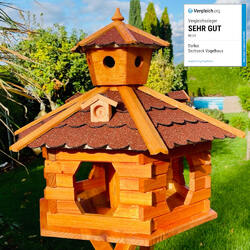 DARLUX Vogel Futter Haus XXL Futterstelle Sechseck Holz Vogelhaus Braun/ Rot