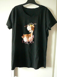 T-Shirt Tunika ca. Gr. S schwarz, Phantasie-Wesen Straß + rosa 3D-Blüten WOW