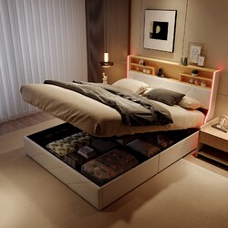 Boxspringbett 160x200 cm mit LED USB,Lattenrost Stauraum Polsterbett Bettgestell