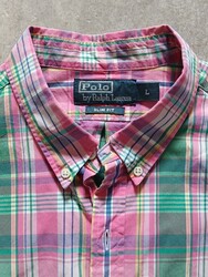 Hemd Polo by Ralph Lauren Größe L Slim Fit Button Down Bunt Kariert Pink Grün 