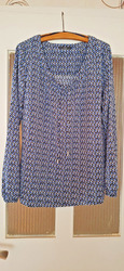 Zero Bluse Gr. 40 langarm mit Bindebändern blau schwarz weiß gemustert Viskose