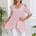 Damen Pailletten V-Neck Oberteile Tunika Schulterfreie Kurzarm T-Shirt Longtops