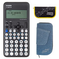 Casio FX-82 DE CW mit Jeans-Tasche hellblau und Zirkelset gelb