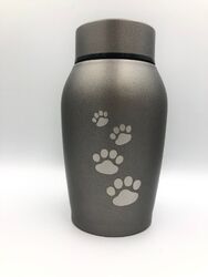 Edelstahl-Urne für Katze und Hund für 400 ml Asche mit 4 Pfoten Gravur in grau