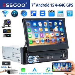 DAB+ 4+64G 1 DIN 7 Zoll Flip Out Android 15 Carplay Autoradio GPS WIFI FM BT KAM