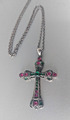 925 Silber Halskett Kreuz Anhänger 7 x 4,5 cm pink grün Glasssteine 80 cm Kette
