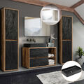 Badezimmermöbel Set mit Keramik-Waschtisch Hochschrank und LED-Spiegel Eiche Bad