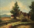 Ölbild Impressionist Cay Ruane Landschaft mit Haus und Frau wohl Frankreich