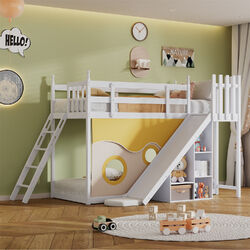 Etagenbett Kinderbett Hochbett 90x200 cm Kiefernholzbett mit Rutsche Leiter Weiß