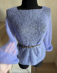 Damenpullover blauer Pullover Netz Mohair Wolle lose Passform, handgestrickt, übergroß S-L