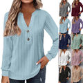 Damen V-Neck Knopf Bluse T-Shirt Freizeit Top Langarm Pull Over Tunika Oberteile
