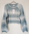 Kurzer Strickpullover von VILA, Gr. XL, NEU, Ombre, lange Ballonärmel, blau/weiß