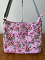 Rosa Blumenmuster Canvas Reißverschluss Handtasche Schulter-/Umhängetasche Riemen Tasche