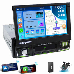 Autoradio 4+64G 1 DIN 7" Android 14 Manual Flip Out DAB+ GPS WIFI Carplay Kamera