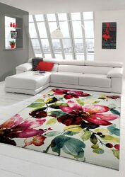 Designer Teppich Moderner Teppich Wohnzimmer Teppich Blumenmotiv Creme  Grün Tür