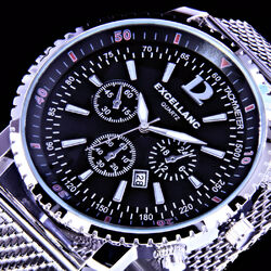 Excellanc Herren Mesh Armband Männer Quarz Uhr Schwarz Rot Datum Edelstahl BLK5