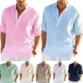 T-Shirt Bluse Oberteile Herren Langarm Leinen-Optik Hemd Tops Freizeit Knopf DE