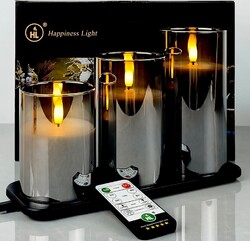 3 Pack Glass Candles Wax LED Set With Remote Control Timer Flameless Flickering