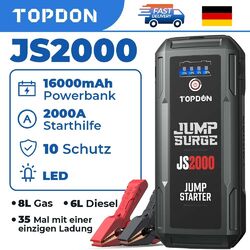 Topdon JS2000 Auto KFZ Starthilfe Jump Starter 2000A Ladegerät Booster Powerbank⭐⭐⭐⭐⭐ 8LGas/6L Diesel✅100 Real Capacity✅35 B*o*o*s*t*