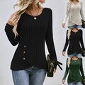 Damen Knopf Rundhals Oberteile Bluse Sweatshirt Langarmshirt Herbst Tops Tunika