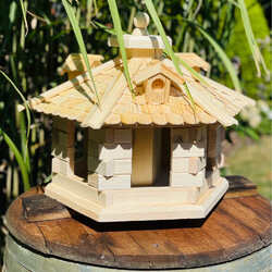 DARLUX Vogel Futter Haus L Futterstelle Sechseck Holz Vogelhaus Natur unbeh.