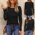 Damen Spitzen Langarm T-Shirt Oberteile Tunika Falten Bluse Hemd Casual Tops DE