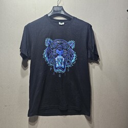 KENZO T-SHIRT SCHWARZ MIT BLAUER FOLIE TIGER RUNDHALSAUSSCHNITT GR. L GRUBE 47 CM (GAR21/1