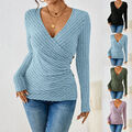 Damen V-Neck Wickelshirt Langarm Tops Slim T-Shirt Oberteile Freizeit Blusehemd
