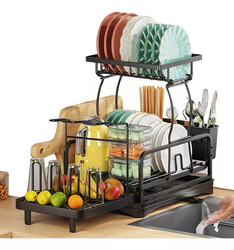 2 Tier Geschirr Abtropfständer Auffangschale Abtropfgestell Geschirrabtropfer