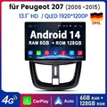 Für Peugeot 207 2006-2015 13.1" CarPlay Android14 Autoradio GPS Navi WIFI 6+128G