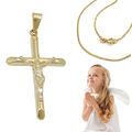 Jesus Korpus Kreuz Anhänger Echt Gold 750 mit Kette nach Wahl Silber vergoldet