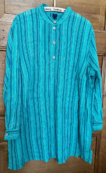Bluse, DW-Shop 100% Baumwolle grünblaue Aquatöne Streifen, Gr. 48-50 kein Bügeln