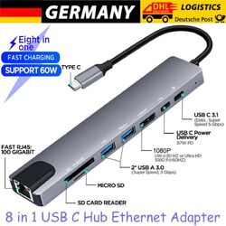 8 IN1 USB C Hub Ethernet Multiport Typ C Adapter PD USB C Dock für MacBook iPad