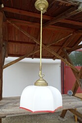 c.1980-90 Messing DECKENLAMPE Hängelampe Pendelleuchte Überfangglas Lampenschirm