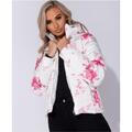 Damen Steppjacke mit Blumen und Kapuze im Kragen Weiß #J1055